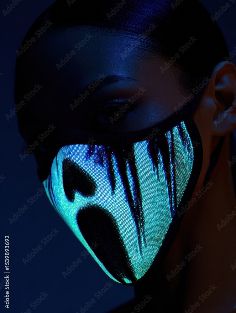 Poster screaming shadow contrasts with calm face mask glowing softly in dim light