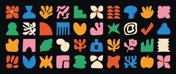 Fototapeta premium Set of abstract organic shapes vector. Collection of contemporary figure, cloud, flower, sparkle, geometric shape in funky groovy. Cute hippie design element perfect for banner, print, stickers.