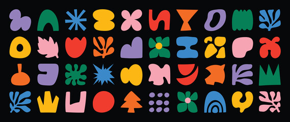 Fototapeta na wymiar Set of abstract organic shapes vector. Collection of contemporary figure, cloud, flower, sparkle, geometric shape in funky groovy. Cute hippie design element perfect for banner, print, stickers.