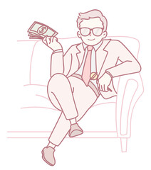A confident man in a tailored suit relaxes on a stylish couch, showcasing his success with piles of money