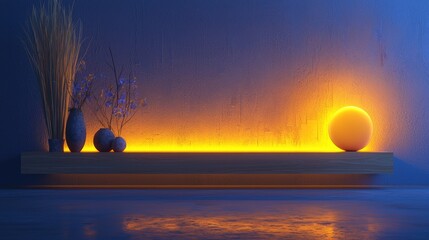 Warm light illuminates a wooden shelf with decorative vases and flowers.
