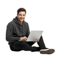 Happy Man Working on Laptop, Smiling, Casual