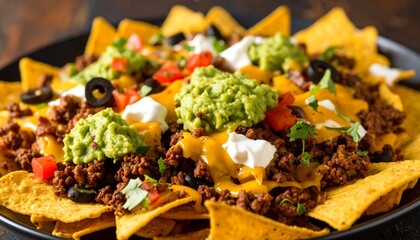 Delicious Beef Nachos on Plate.