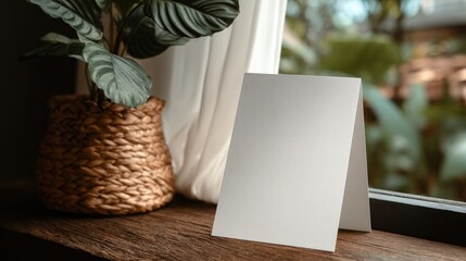 Blank white card leaning against window with lush green plant in wicker pot on wooden surface