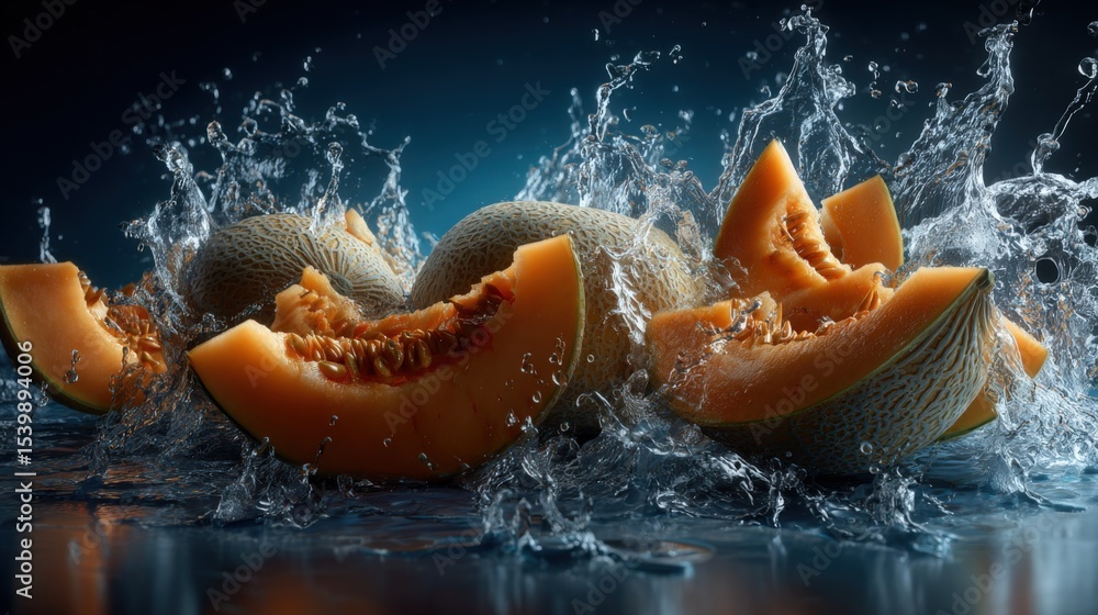 Poster Fresh cantaloupe melon slices splashing into water with dynamic movement and vibrant color