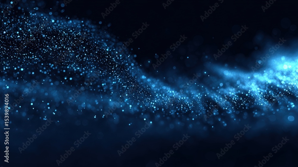 Poster dynamic blue digital particles flowing across dark background with glowing effect