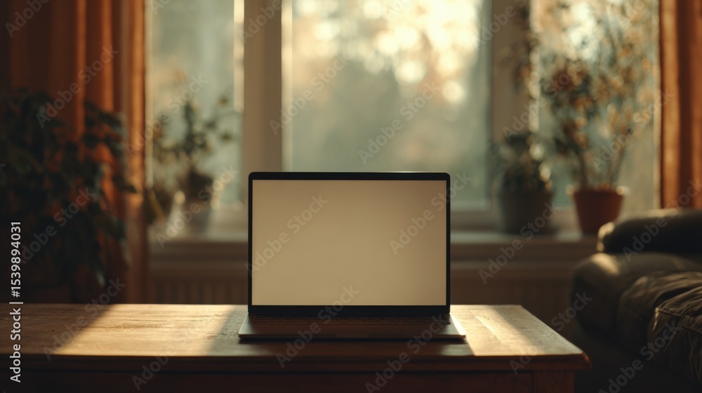 Poster modern portable laptop computer with blank screen on wooden table in cozy home setting