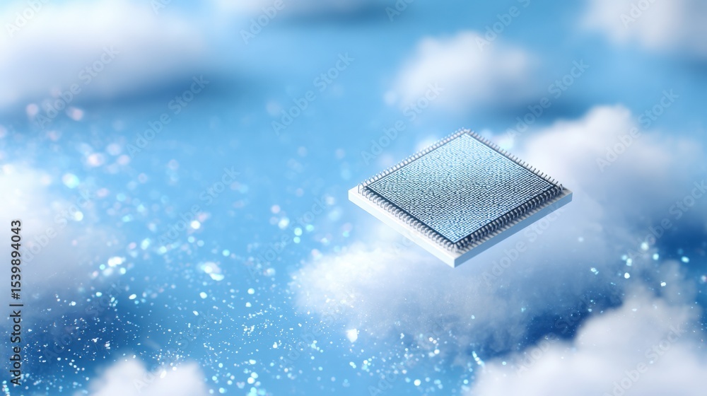 Poster Close-up of a computer microprocessor chip floating above a cloudy sky background with sunlight