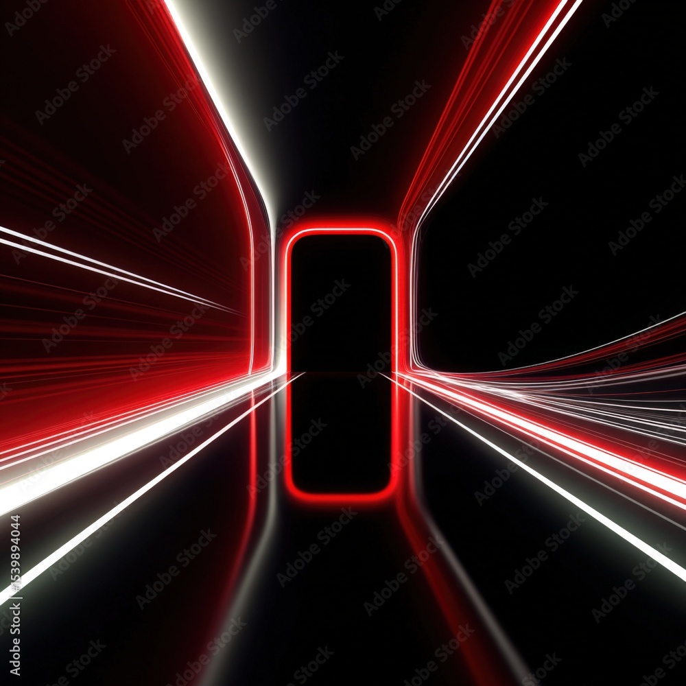 Poster futuristic neon tunnel with glowing red and white lines and dark background