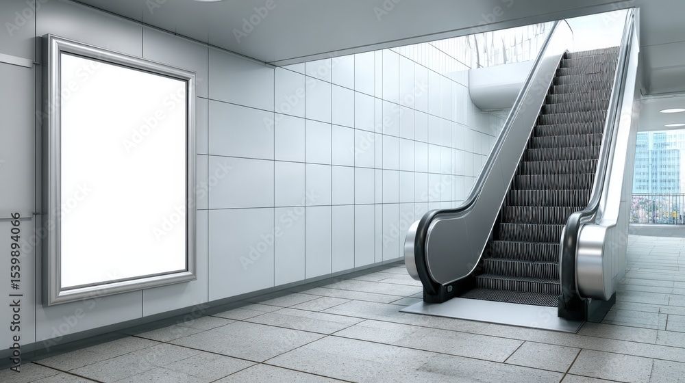 Poster modern indoor public space with escalator and large blank advertisement board