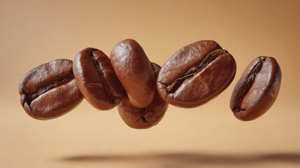 Fototapeta premium Close-up of roasted coffee beans arranged in a line on plain background with detailed texture and rich brown color