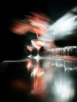 Blurred motion of bartender pou drink in a lively bar with reflective surface