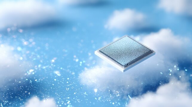 Close-up of a computer microprocessor chip floating above a cloudy sky background with sunlight
