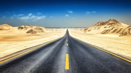 Naklejka premium Empty asphalt road stretches into a vast desert landscape.
