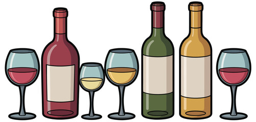 Wine bottles and glasses cartoon illustration