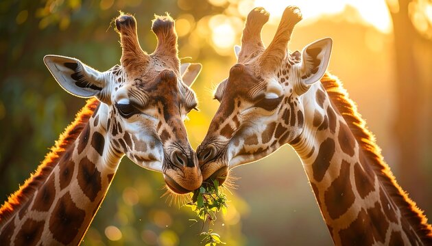 Giraffes nuzzling with sunset, and Africa.