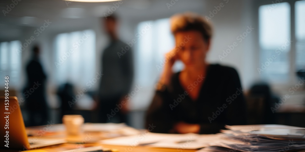 Aufkleber blurred image of a professional woman working at a modern office desk with colleagues in background
