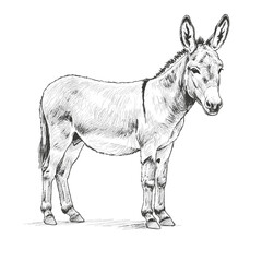 Donkey animal sketch stands quietly on open ground. Farm animal concept