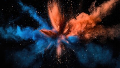 Exploding vibrant blue and orange powder on black background