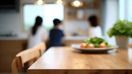 Naklejka premium Family enjoying breakfast together in a modern kitchen with fresh vegetables and natural light