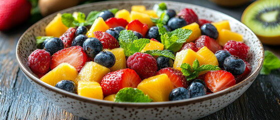 Bright fruit salad in a white bowl, garnished with mint. Useful for food blogs and healthy eating ads.