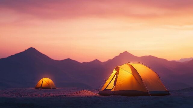 camping adventure concept. Two glowing tents set up on a mountain landscape during a vibrant, colorful sunset.