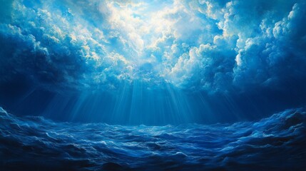 Sun rays shining through clouds in deep ocean waters. Background to create an atmosphere of calmness and peace.