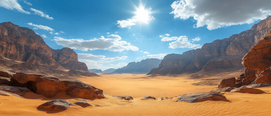 Desert landscape with sand dunes and rocks under the bright sun. Useful for travel articles and travel advertising.