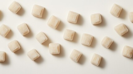 Square, pale candies on off-white. Flat lay