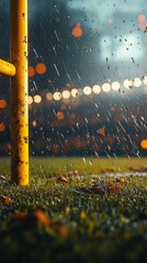 Raindrops on grass with blurred lights in the distance, useful for weather and nature articles.