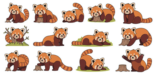 Twelve adorable red panda cartoon illustrations