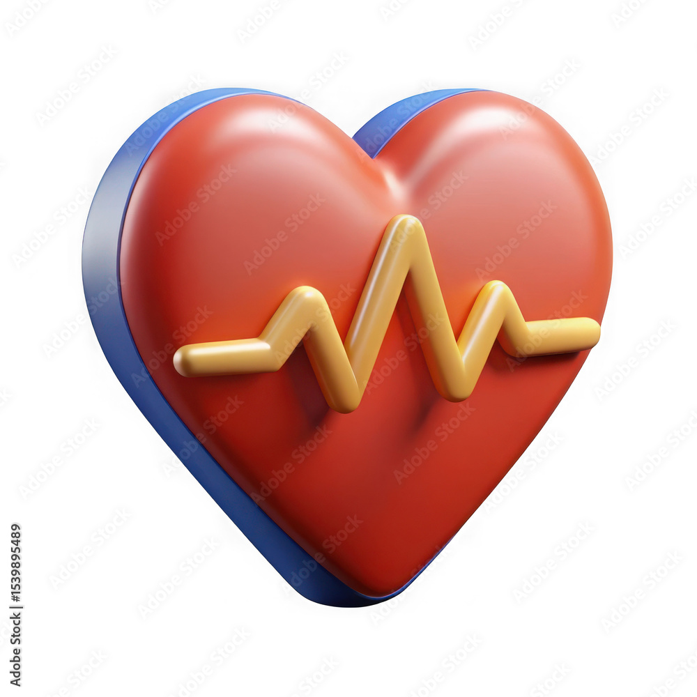 Poster 3d render of a red heart with heartbeat line isolated on transparent background
