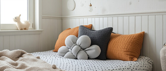 Comfortable children's bedroom with soft toys and cozy bedding. Useful for interior design and advertising of children's goods.