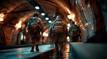 Soldiers navigate dimly lit underground tunnel during wartime operations in urban setting