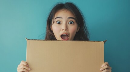 A woman looks up in surprise from behind a cardboard box. Useful for advertising and articles about unexpected gifts and surprises.
