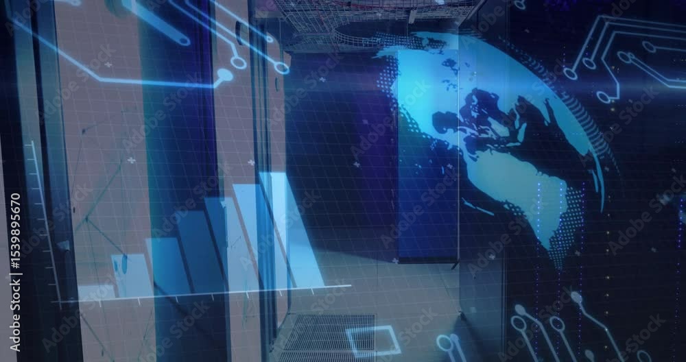 Poster fading gridlines initiating chart with bars rising globe rotating showing growth over server racks