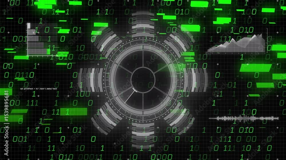 Poster interface loading initiating metallic circular mechanism rotating as data updating showing metrics