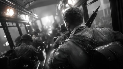 Soldiers boarding a transport vehicle during a rain-soaked mission in a historical war setting
