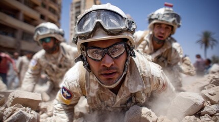 Soldiers engaged in rescue operations amidst rubble in a war-torn urban landscape