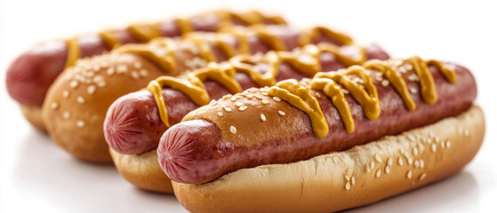 Two delicious hot dogs with mustard and sesame seeds on buns, lying on white background. Useful for advertising fast food and culinary blogs.