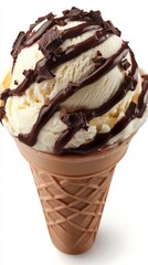 Delicious ice cream in a waffle cup with chocolate topping and chocolate chunks, good for promoting desserts and summer treats.