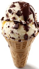 Delicious ice cream in a waffle cup with chocolate topping and chocolate chunks, good for promoting desserts and summer treats.