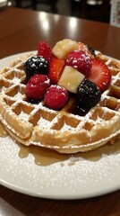 Delicious Belgian waffle with berries and whipped cream, useful for cooking blogs and articles about desserts.