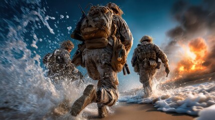 Soldiers advancing through surf during a dramatic beach assault amid explosions and smoky skies