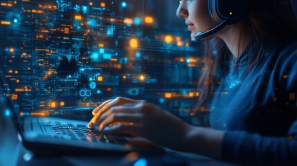 Woman wearing headphones working at a laptop with digital elements on the screen, useful for articles about technology and remote work.