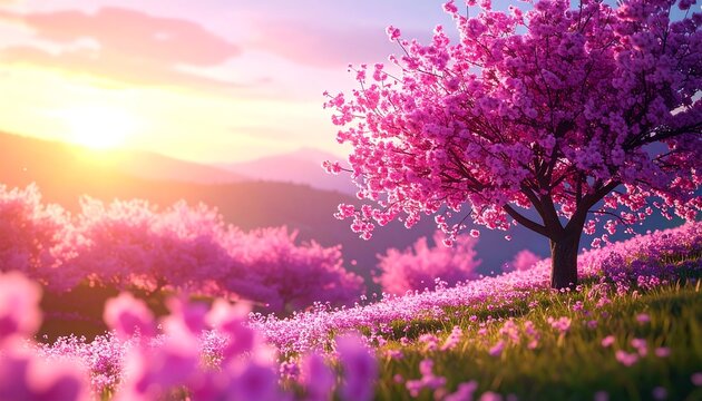 Pink Blossom Sunset Landscape.