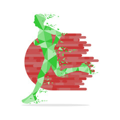 Geometric runner in green & red color isolated on white background. Running colorful vector illustration.