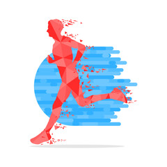 Geometric runner in red & blue color isolated on white background. Running colorful vector illustration.