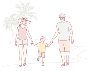 A joyful and cheerful family strolls hand in hand together on a bright and sunny day at the beautiful beach