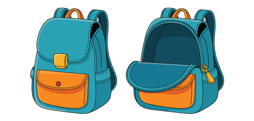 Teal and orange backpack illustration two views